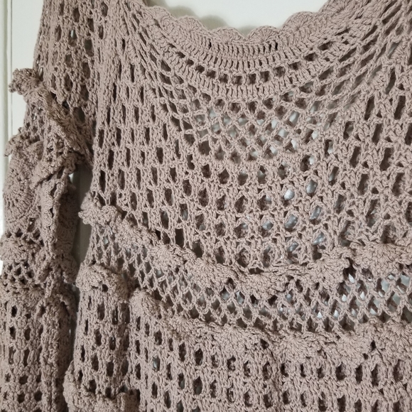 ANTHROPOLOGIE HAZEL beige crochet knit pull over 3/4 sleeve sweater top S - Picture 3 of 8